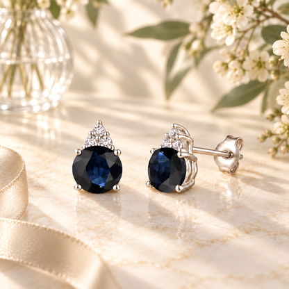 Elegant 14K Gold Stud Earrings with Diamonds and Sapphire – 4.5mm Stone