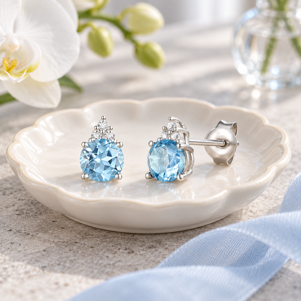 Elegant 14K Gold Stud Earrings with Diamonds and Blue Topaz – 4.5mm Stone