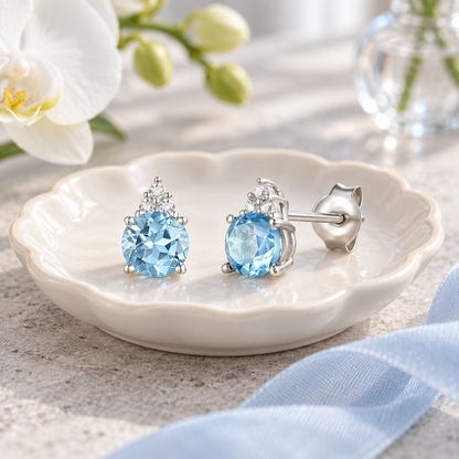 Elegant 14K Gold Stud Earrings with Diamonds and Blue Topaz – 4.5mm Stone