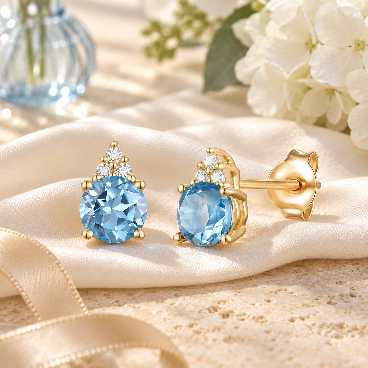Elegant 14K Gold Stud Earrings with Diamonds and Blue Topaz – 4.5mm Stone