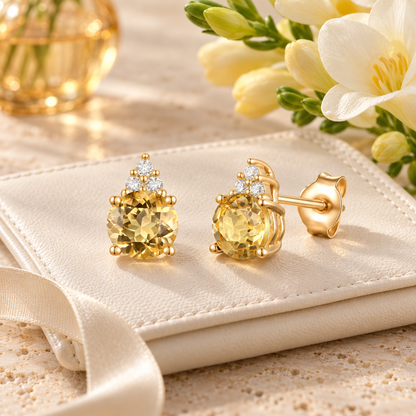 Elegant 14K Gold Stud Earrings with Diamonds and Citrine – 4.5mm Stone