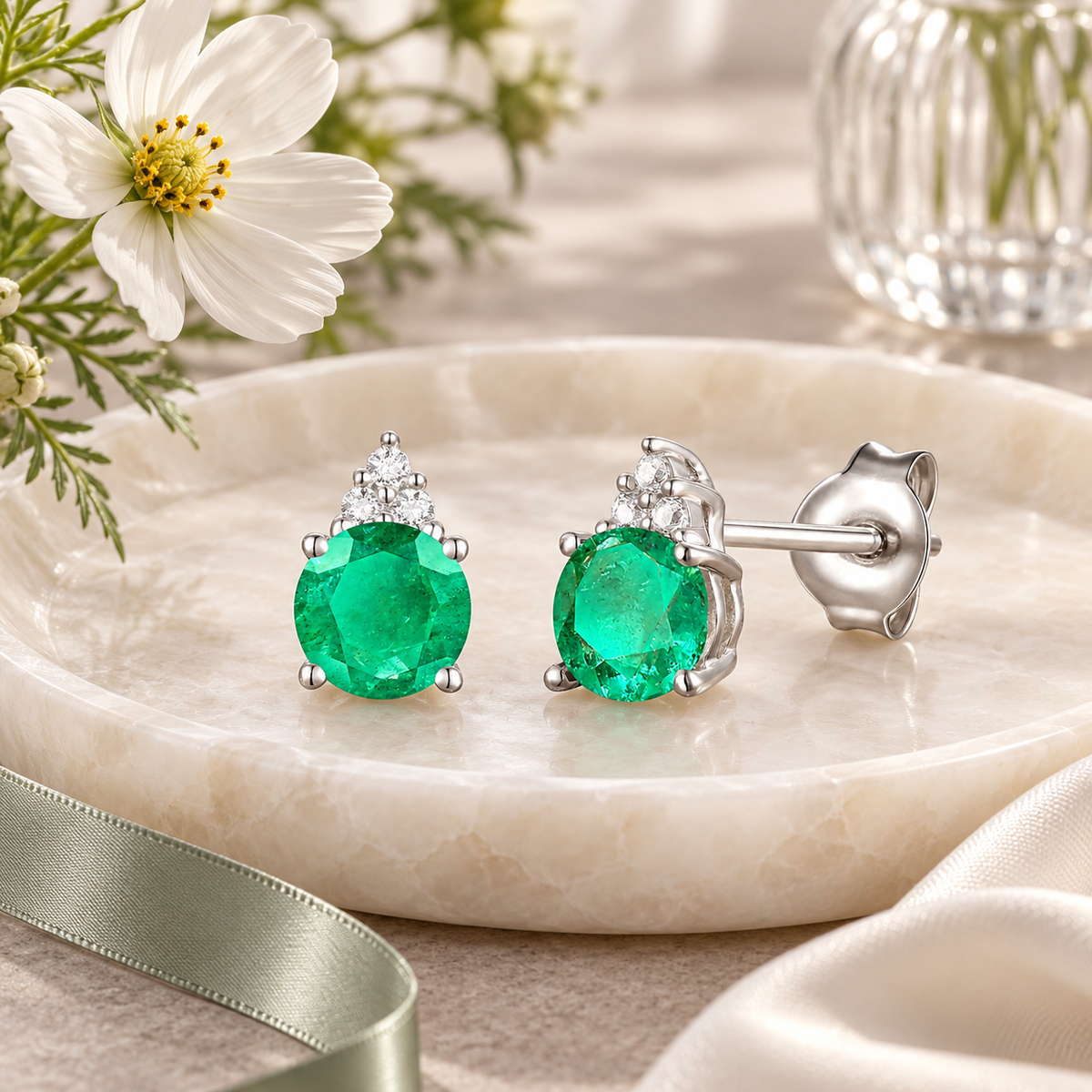 Elegant 14K Gold Stud Earrings with Diamonds and Emerald – 4.5mm Stone - view 6