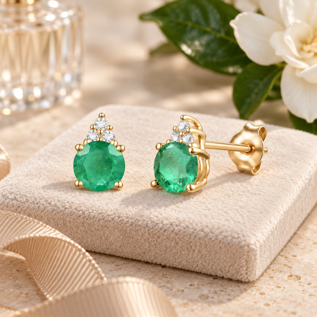 Elegant 14K Gold Stud Earrings with Diamonds and Emerald – 4.5mm Stone - view 2