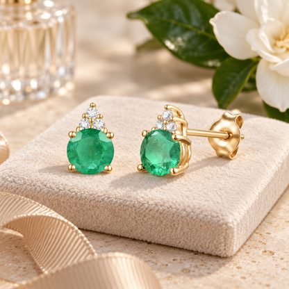 Elegant 14K Gold Stud Earrings with Diamonds and Emerald – 4.5mm Stone - view 2