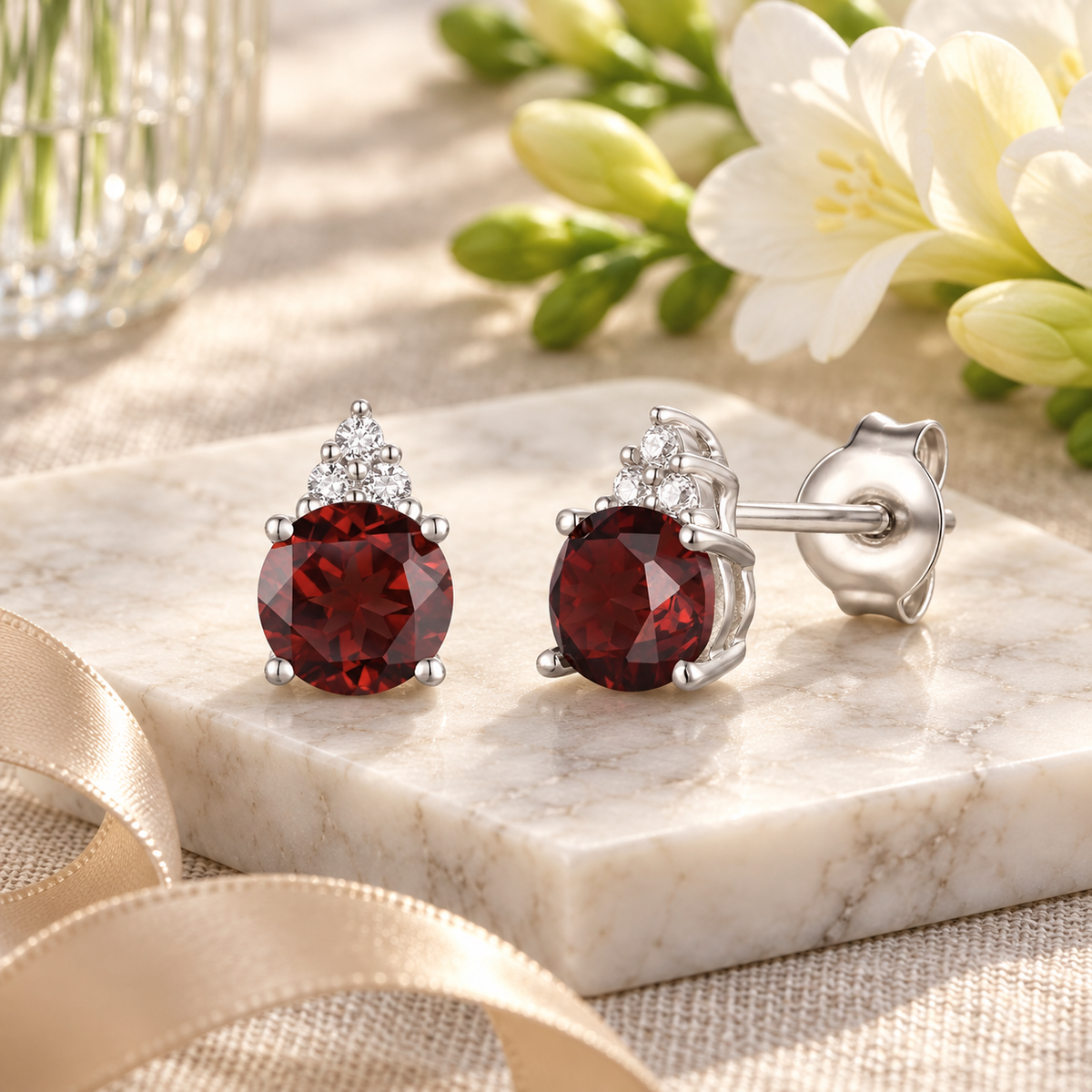 Elegant 14K Gold Stud Earrings with Diamonds and Garnet – 4.5mm Stone