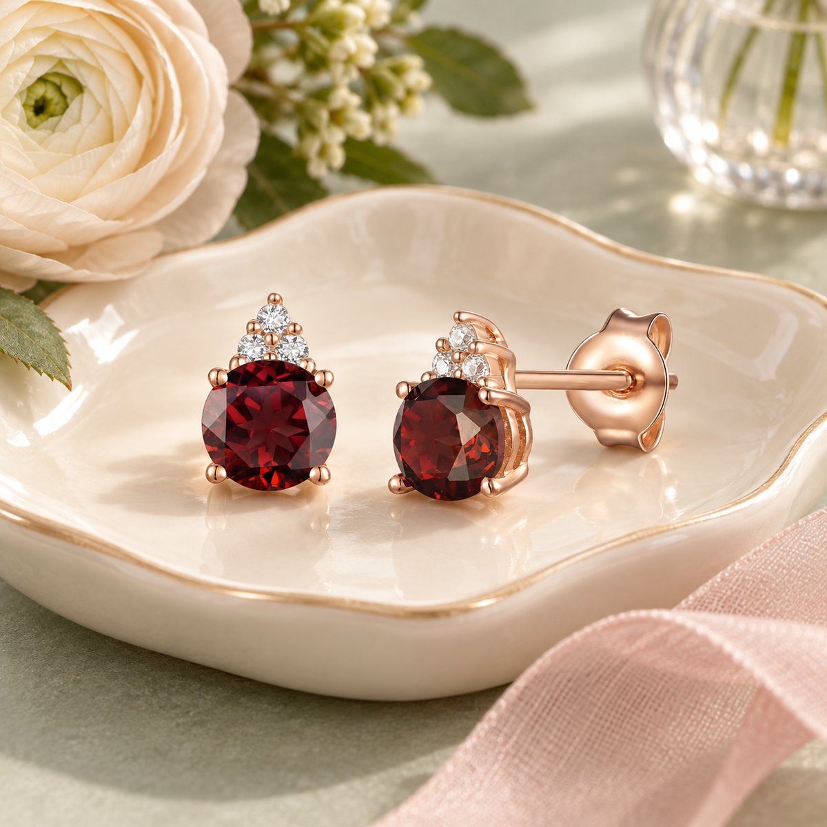 Elegant 14K Gold Stud Earrings with Diamonds and Garnet – 4.5mm Stone