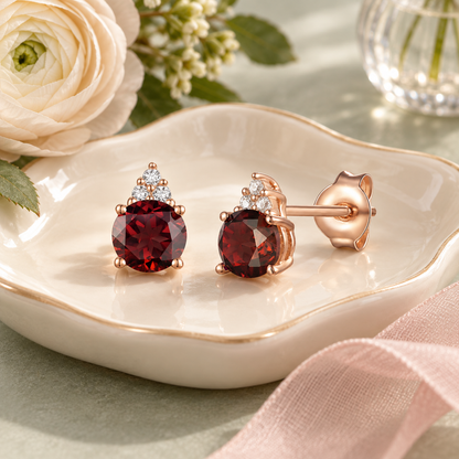 Elegant 14K Gold Stud Earrings with Diamonds and Garnet – 4.5mm Stone