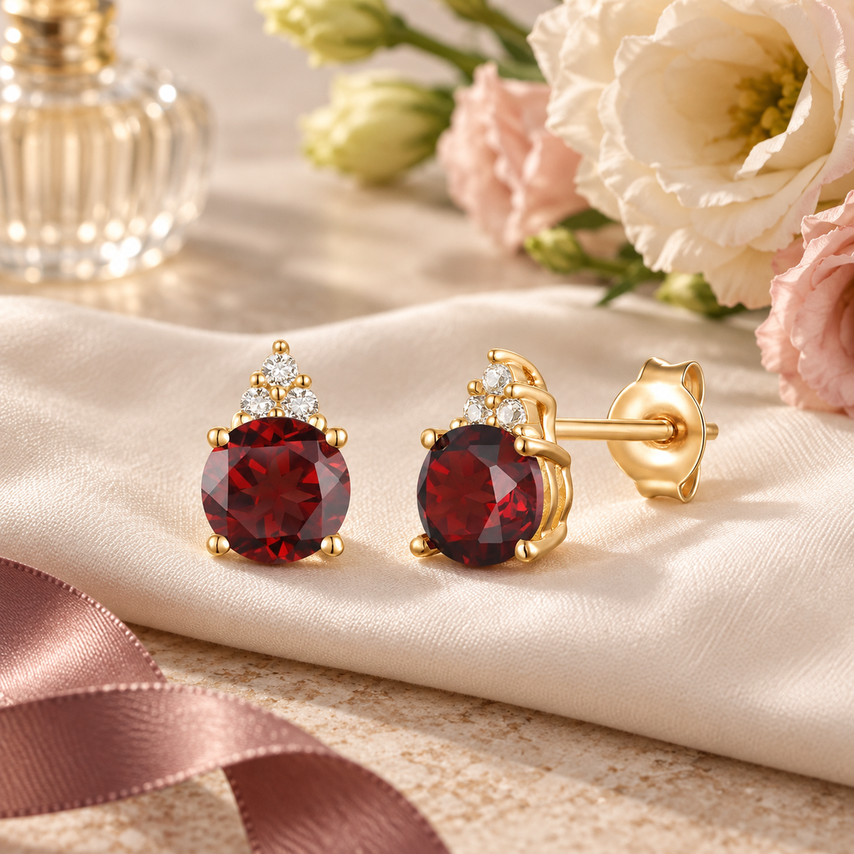 Elegant 14K Gold Stud Earrings with Diamonds and Garnet – 4.5mm Stone