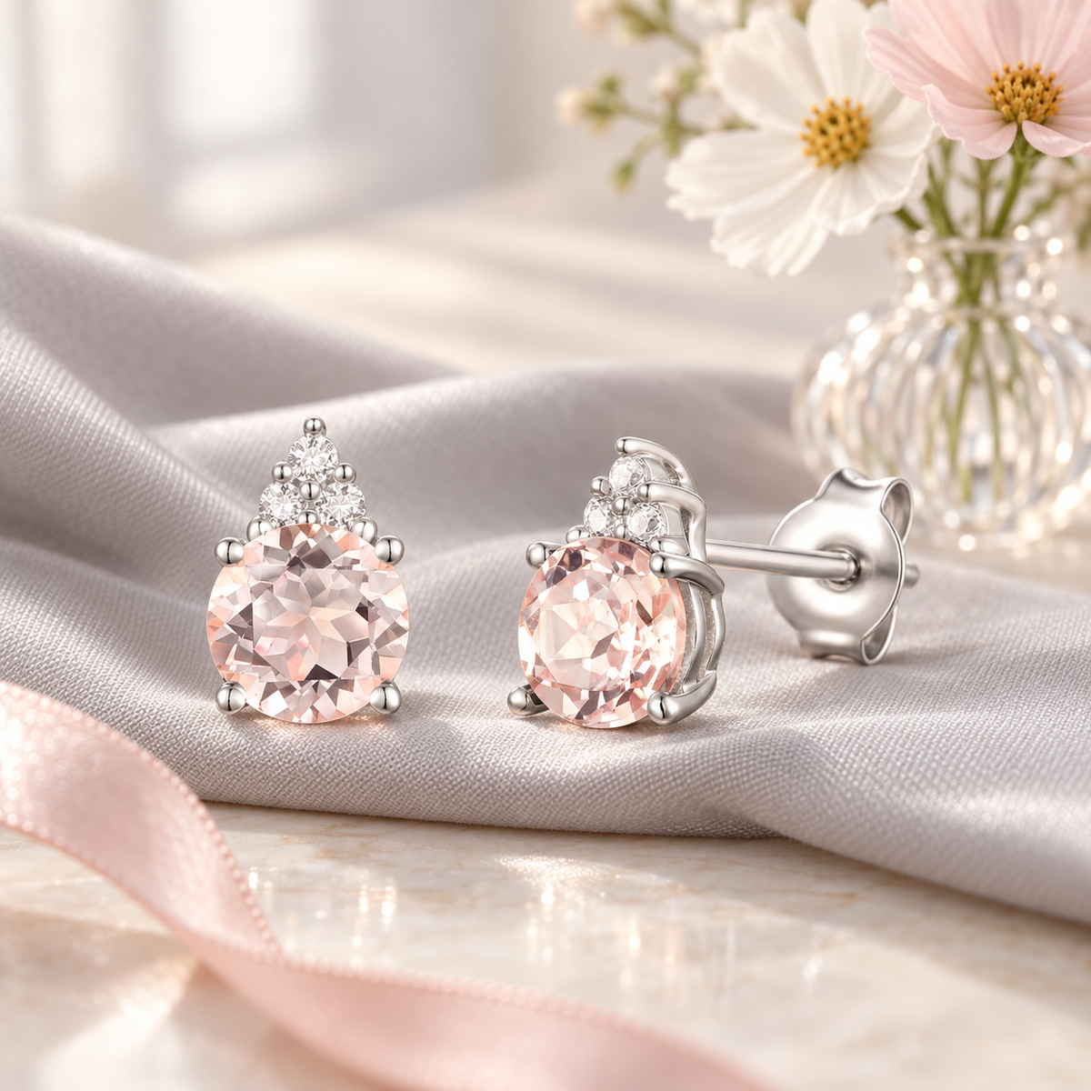 Elegant 14K Gold Stud Earrings with Diamonds and Morganite – 4.5mm Stone - view 10