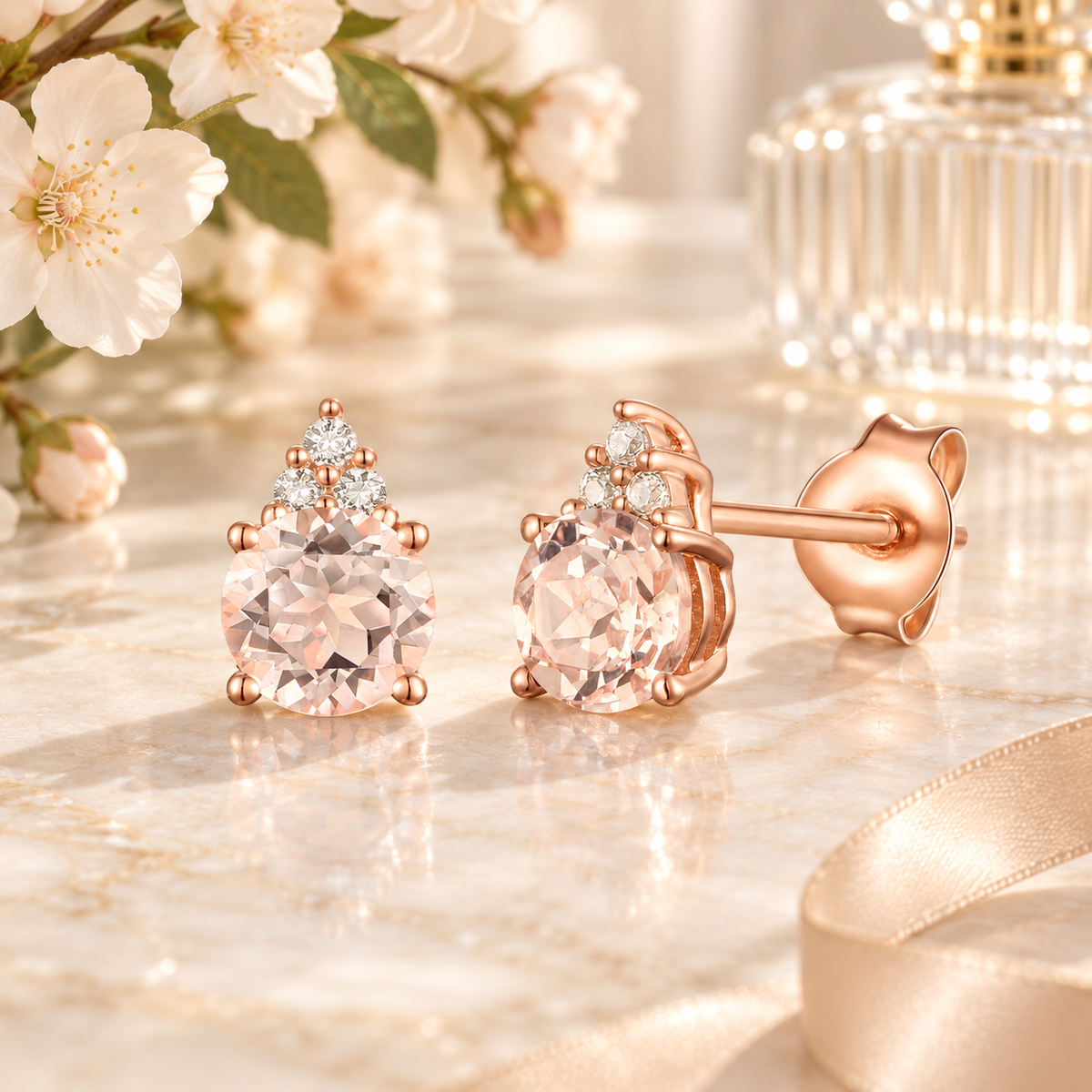 Elegant 14K Gold Stud Earrings with Diamonds and Morganite – 4.5mm Stone - view 6
