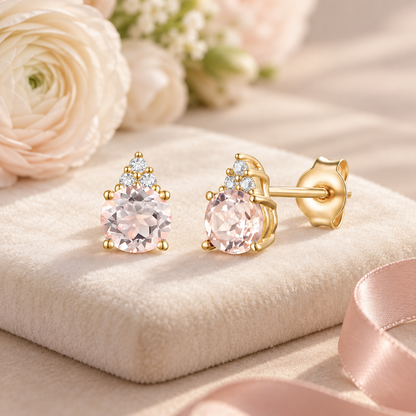 Elegant 14K Gold Stud Earrings with Diamonds and Morganite – 4.5mm Stone - view 2