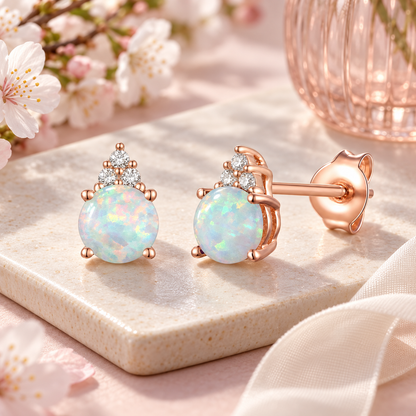 Elegant 14K Gold Stud Earrings with Diamonds and Opal – 4.5mm Stone - view 6