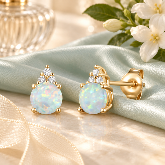 Elegant 14K Gold Stud Earrings with Diamonds and Opal – 4.5mm Stone