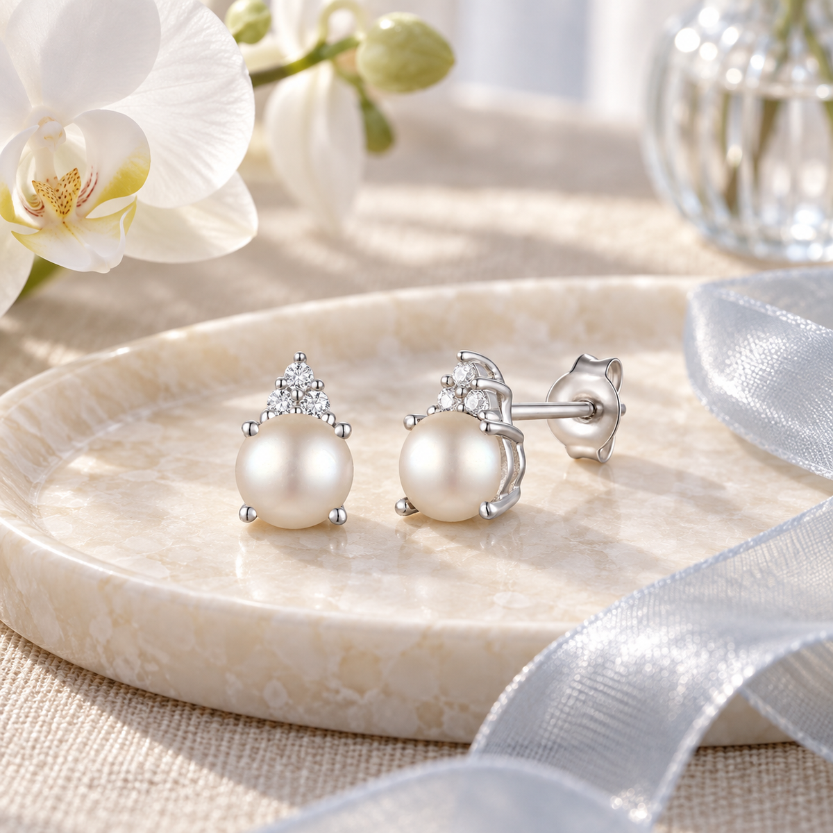 Elegant 14K Gold Stud Earrings with Diamonds and Pearl – 4.5mm Stone - view 10