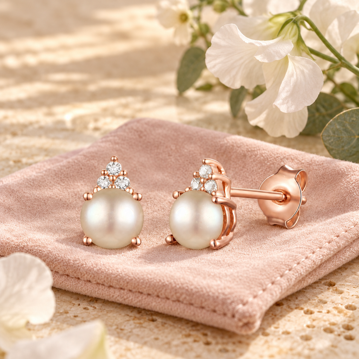 Elegant 14K Gold Stud Earrings with Diamonds and Pearl – 4.5mm Stone - view 6