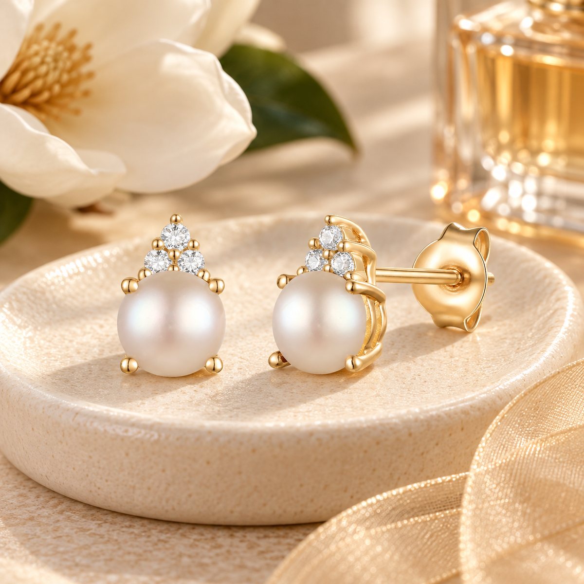 Elegant 14K Gold Stud Earrings with Diamonds and Pearl – 4.5mm Stone - view 2