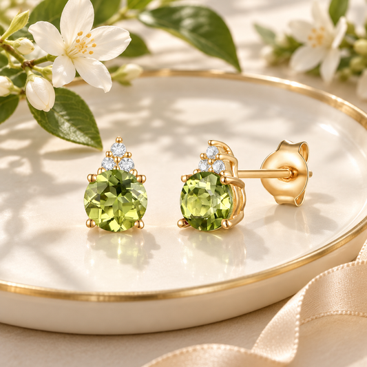 Elegant 14K Gold Stud Earrings with Diamonds and Peridot – 4.5mm Stone