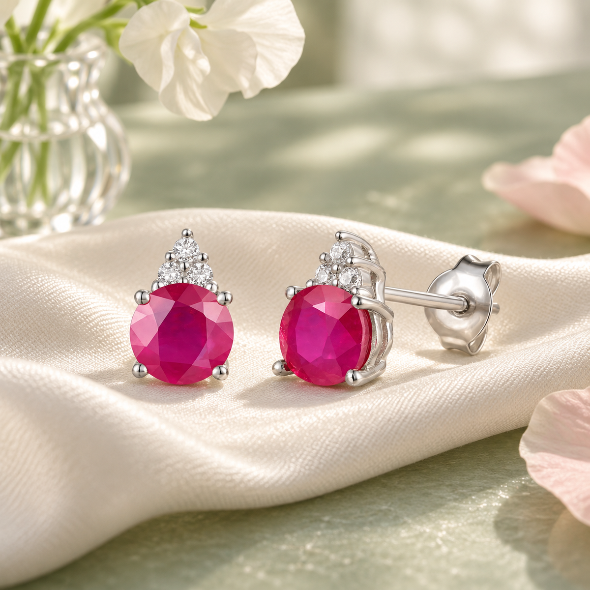 Elegant 14K Gold Stud Earrings with Diamonds and Ruby – 4.5mm Stone