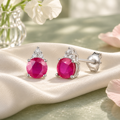 Elegant 14K Gold Stud Earrings with Diamonds and Ruby – 4.5mm Stone
