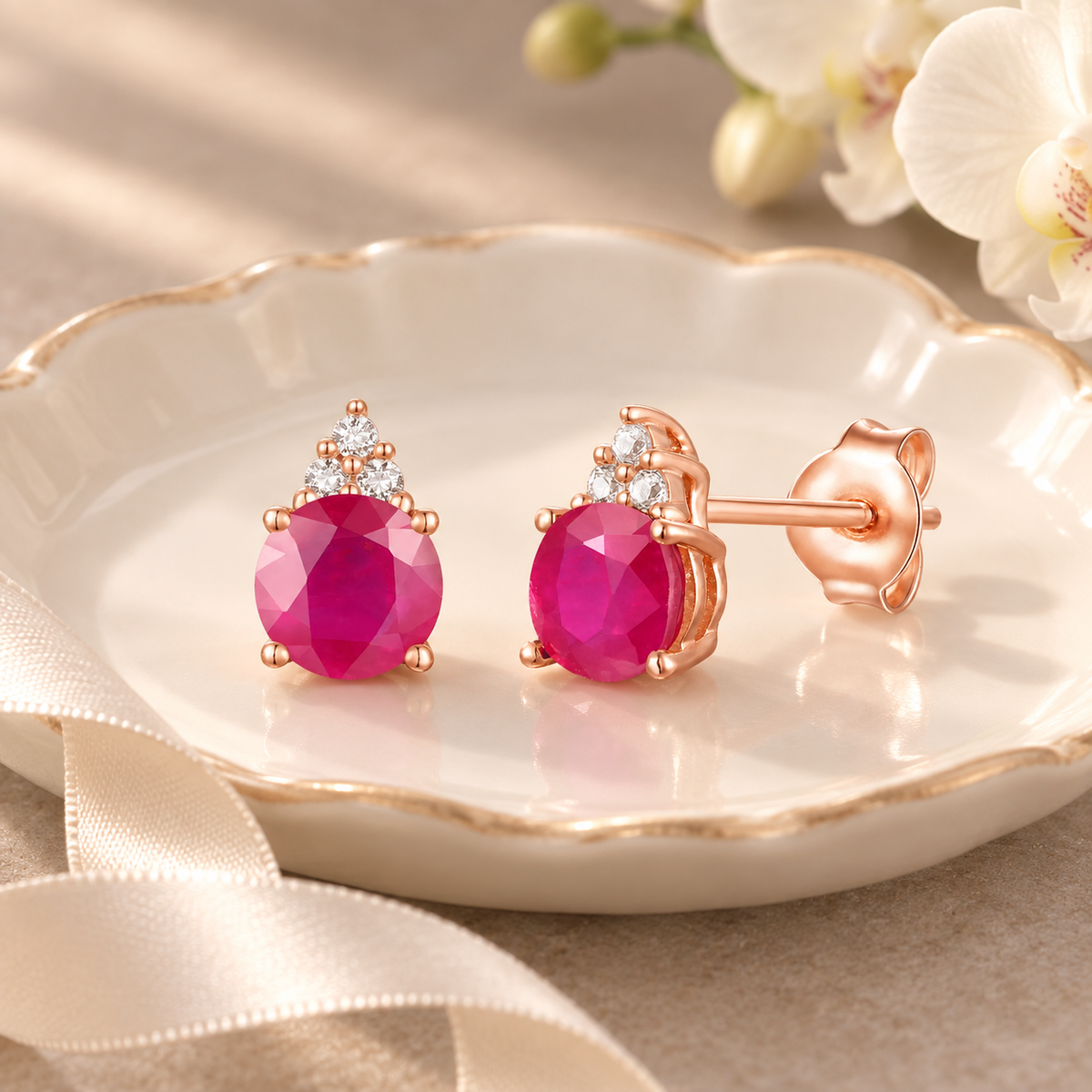 Elegant 14K Gold Stud Earrings with Diamonds and Ruby – 4.5mm Stone