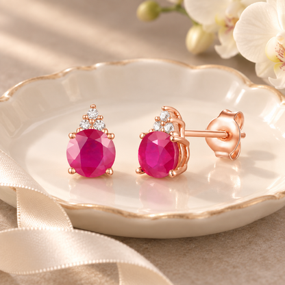 Elegant 14K Gold Stud Earrings with Diamonds and Ruby – 4.5mm Stone