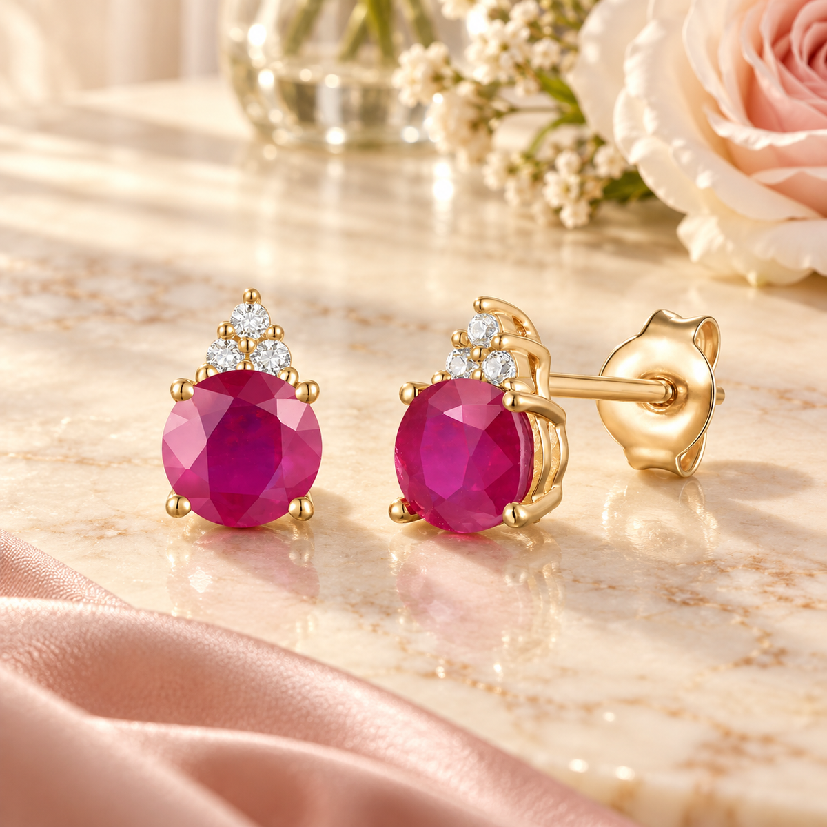 Elegant 14K Gold Stud Earrings with Diamonds and Ruby – 4.5mm Stone