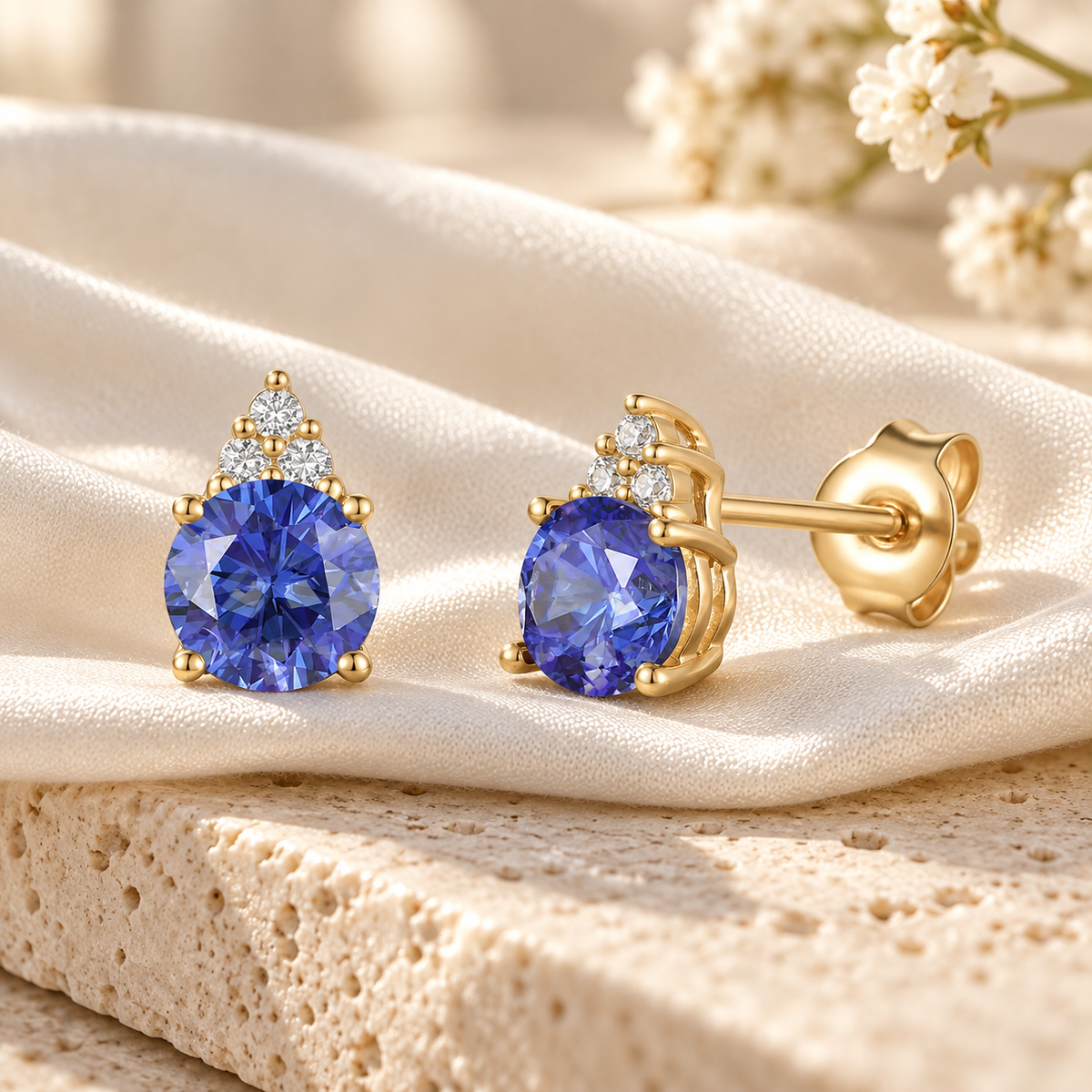 Elegant 14K Gold Stud Earrings with Diamonds and Tanzanite – 4.5mm Stone