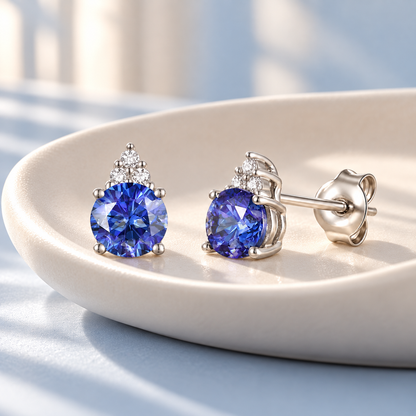 Elegant 14K Gold Stud Earrings with Diamonds and Tanzanite – 4.5mm Stone