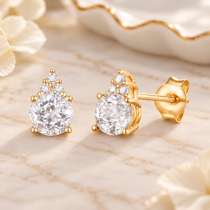Elegant 14K Gold Stud Earrings with Diamonds and White Topaz – 4.5mm Stone