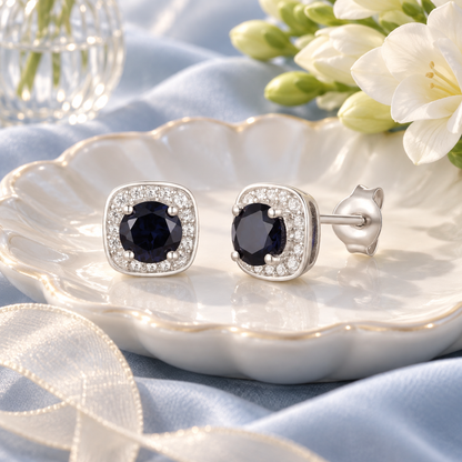 10K Genuine Gemstone & 1/8 ct tw Diamond Cushion Shape Stud Earring