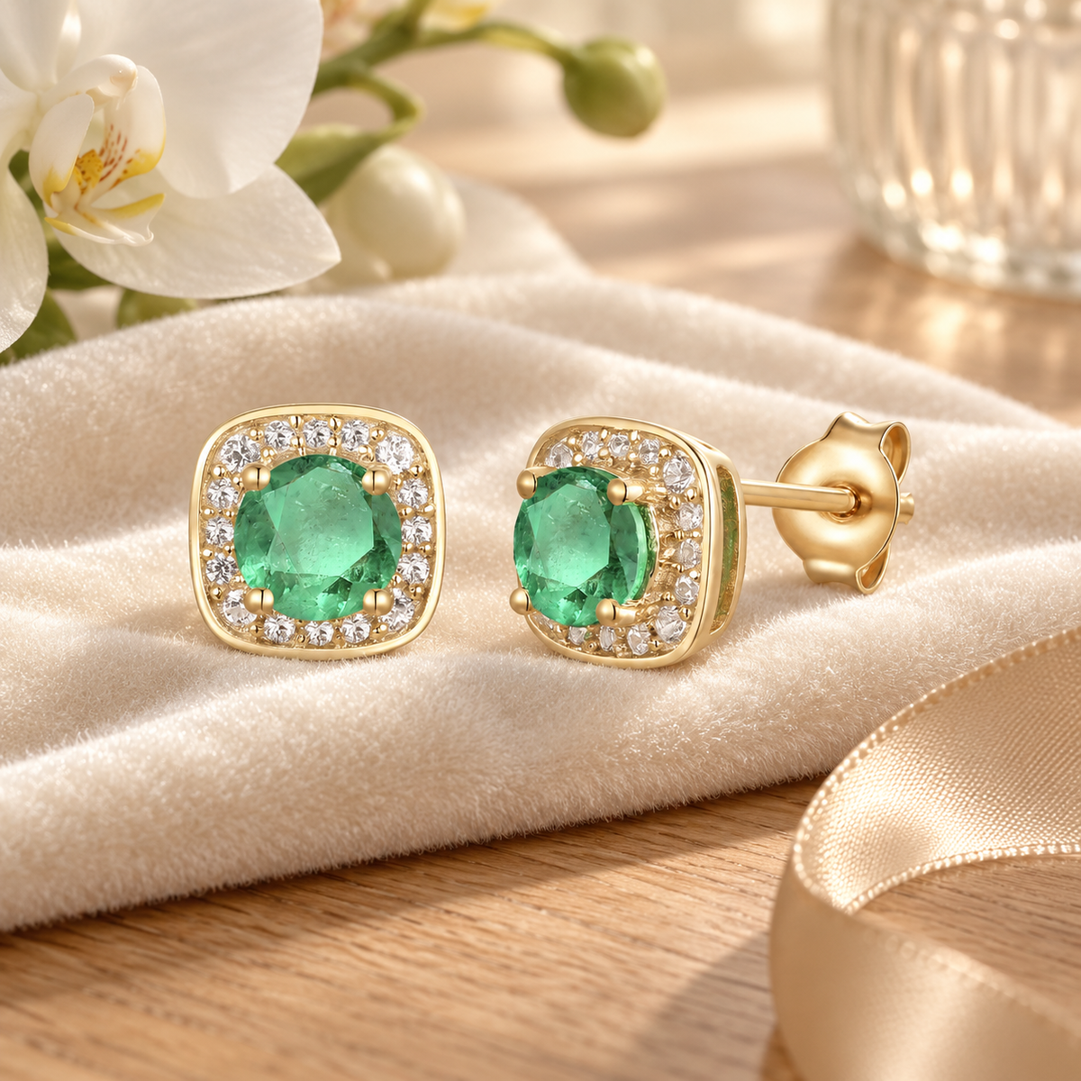 10K Genuine Gemstone & 1/8 ct tw Diamond Cushion Shape Stud Earring