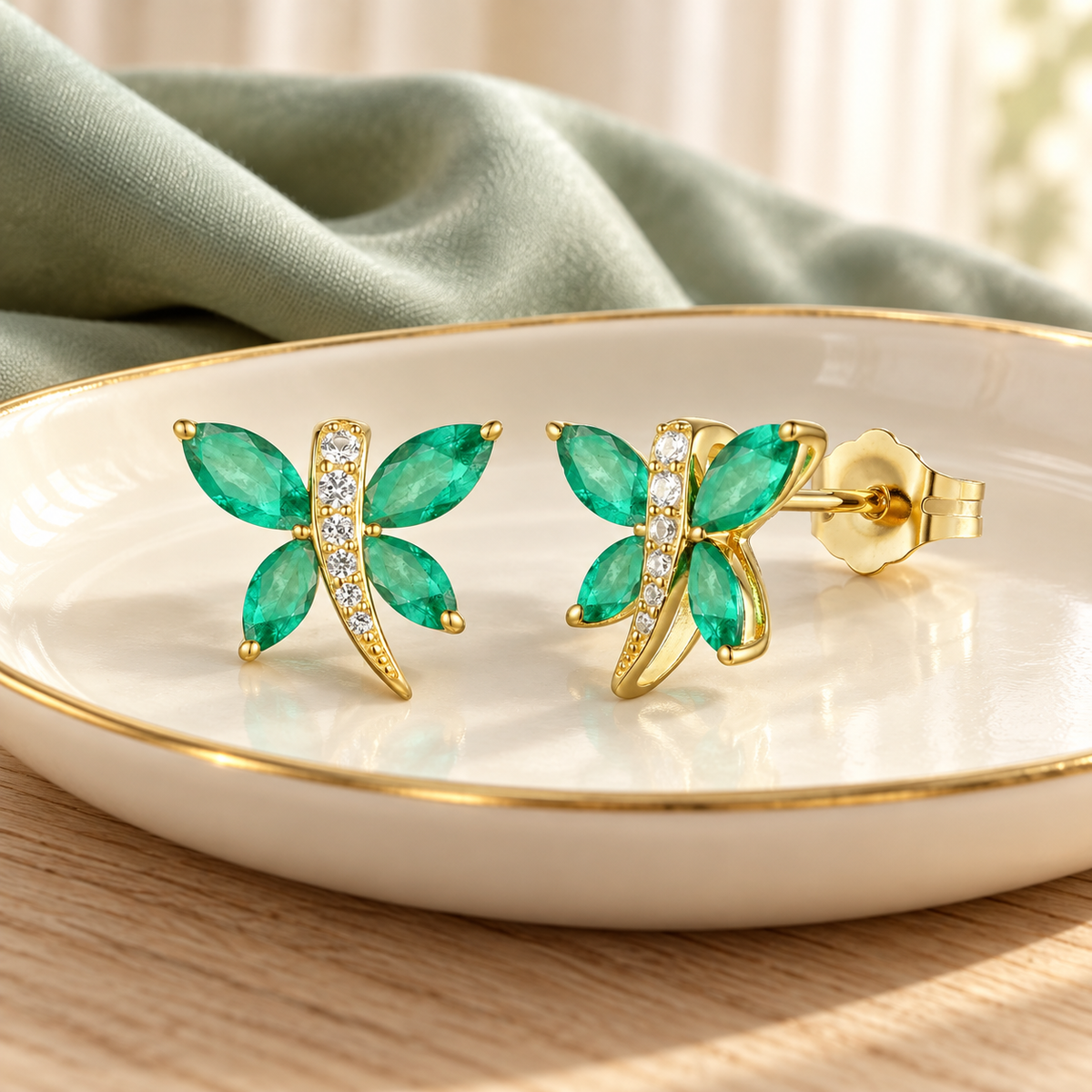 10K Genuine Gemstone & 1/20 ct tw Diamond Dragonfly Stud Earring