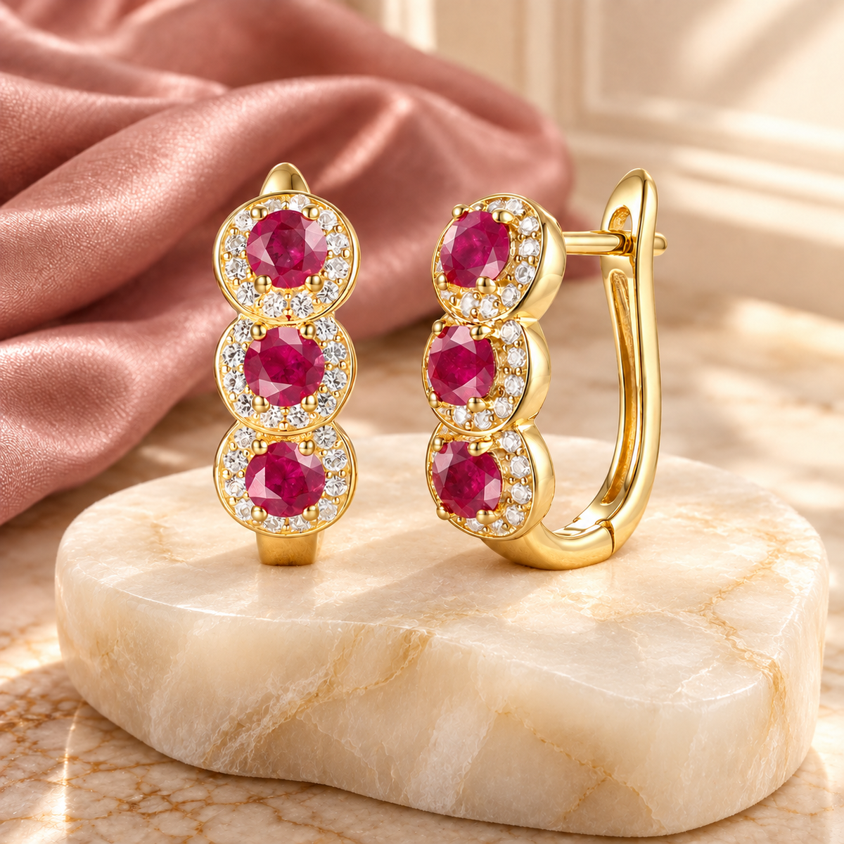 10K Genuine Gemstone & 1/4 ct tw Diamond Hinged Hoop Earring