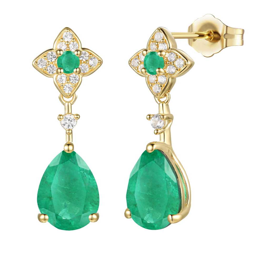 10K Genuine Emerald & 1/10 ct tw Diamond Pear Drop Earring