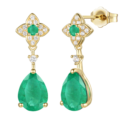 10K Genuine Emerald & 1/10 ct tw Diamond Pear Drop Earring