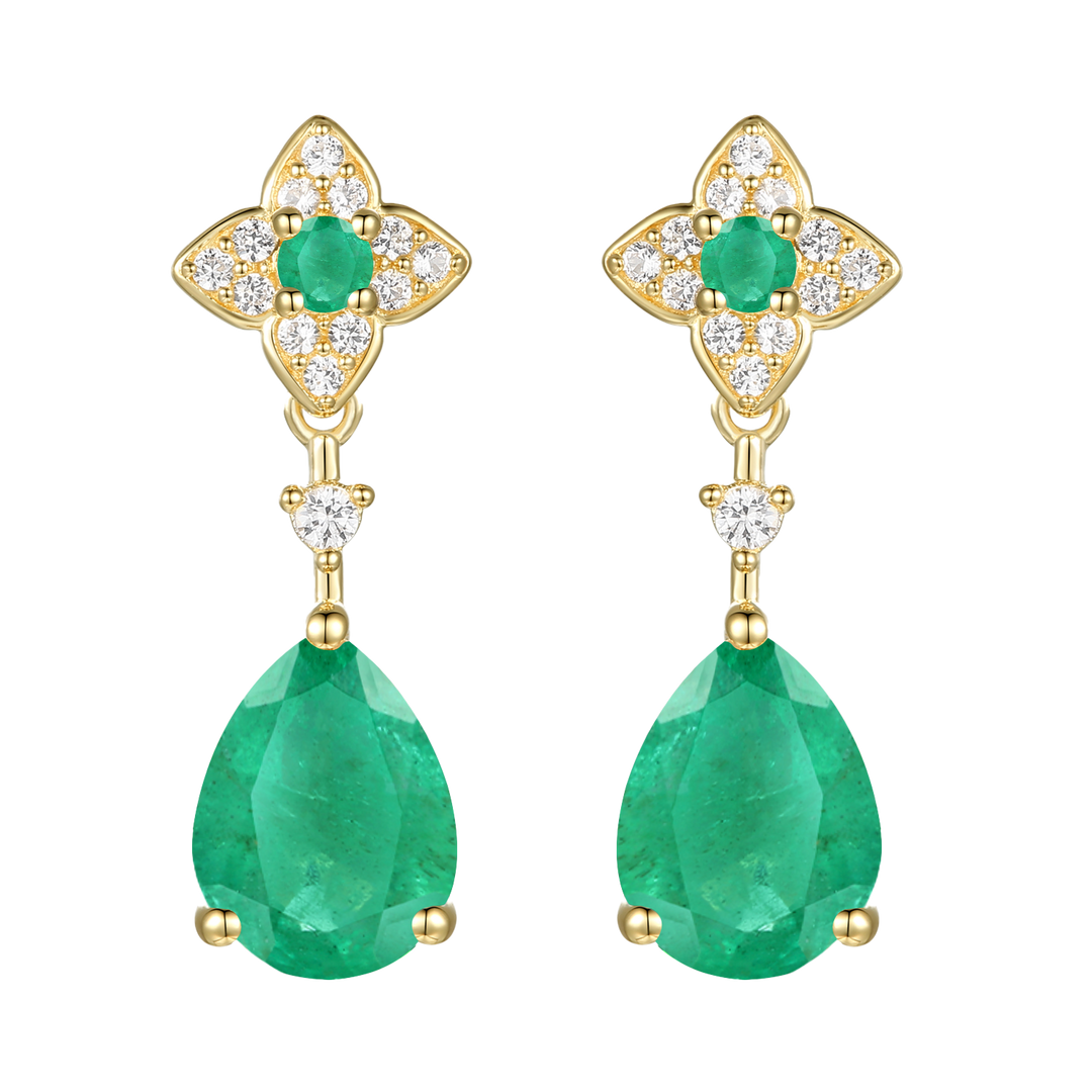 10K Genuine Emerald & 1/10 ct tw Diamond Pear Drop Earring