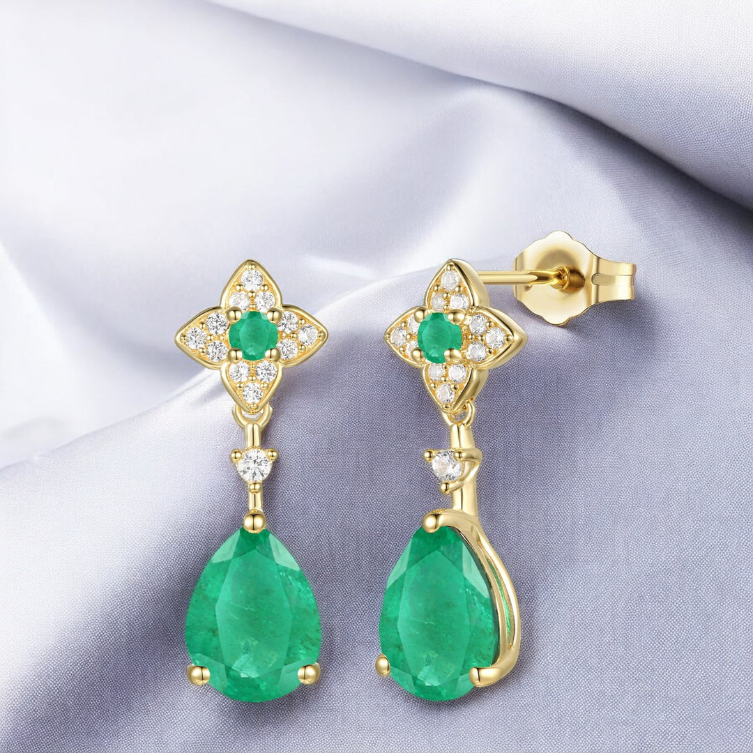 10K Genuine Emerald & 1/10 ct tw Diamond Pear Drop Earring