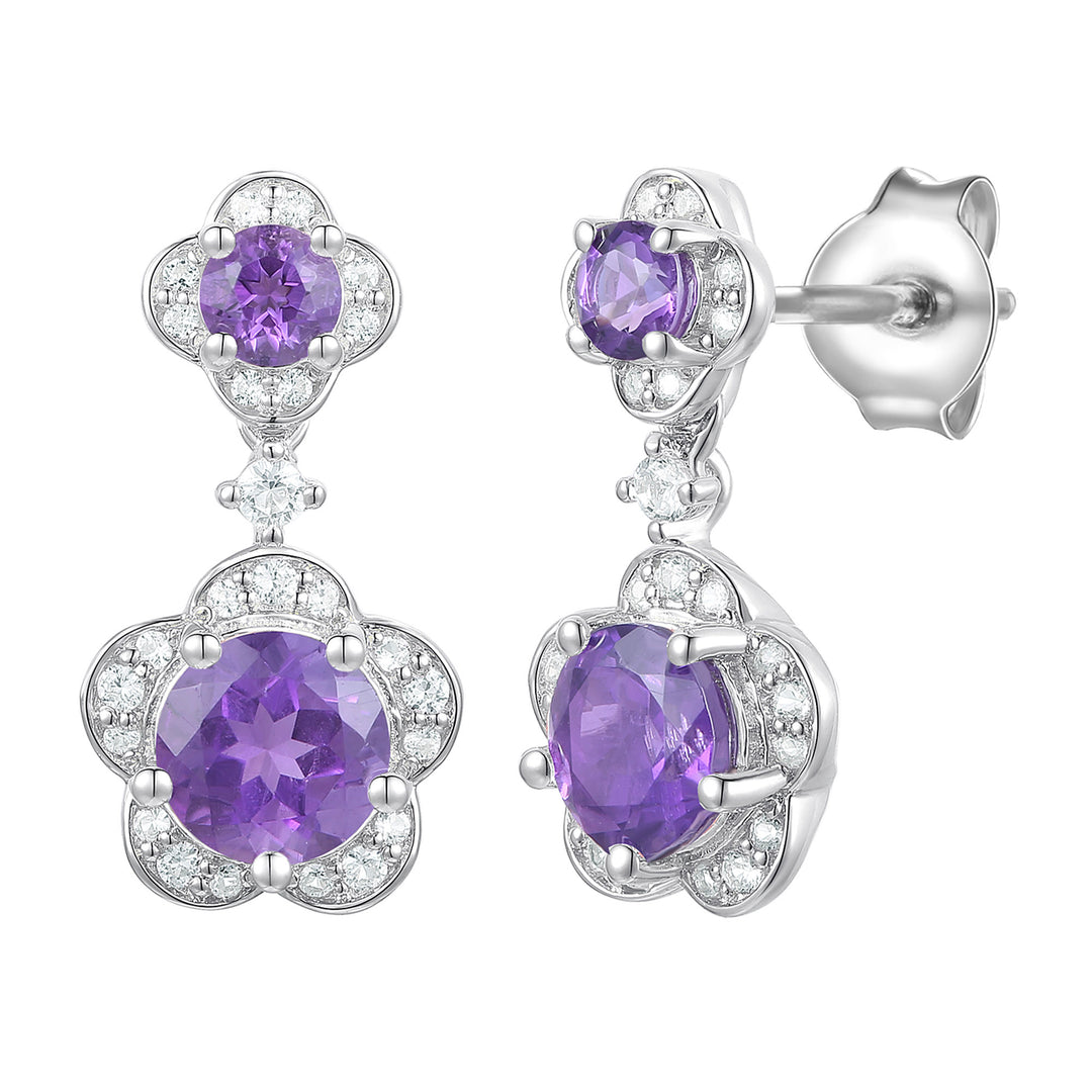 Sterling Silver Genuine Amethyst or Lab Created Opal & White Sapphire Flower Dangle Earrings