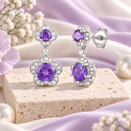 Sterling Silver Genuine Amethyst or Lab Created Opal & White Sapphire Flower Dangle Earrings
