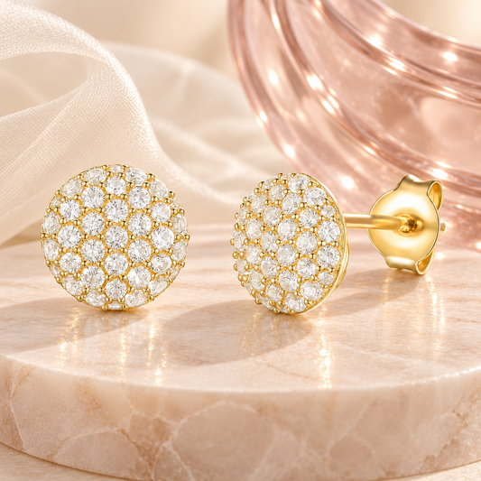14K Yellow Gold over Sterling Silver 1/2 ct tw Diamond Round Shape Pavé Stud Earring (I-I2)