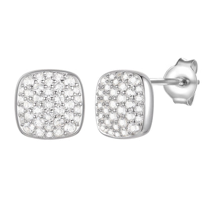 Sterling Silver 1/2 ct tw Diamond Cushion Shape Pavé Stud Earring (I-I2)