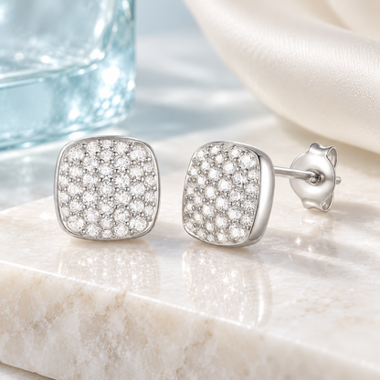 Sterling Silver 1/2 ct tw Diamond Cushion Shape Pavé Stud Earring (I-I2)