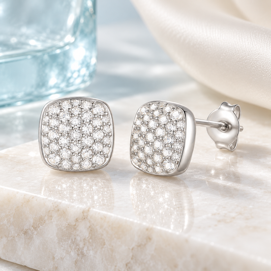 Sterling Silver 1/2 ct tw Diamond Cushion Shape Pavé Stud Earring (I-I2)