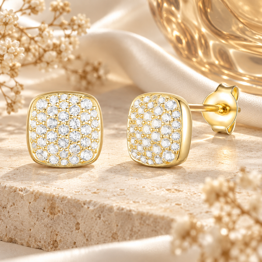 14K Yellow Gold over Sterling Silver 1/2 ct tw Diamond Cushion Shape Pavé Stud Earring (I-I2)