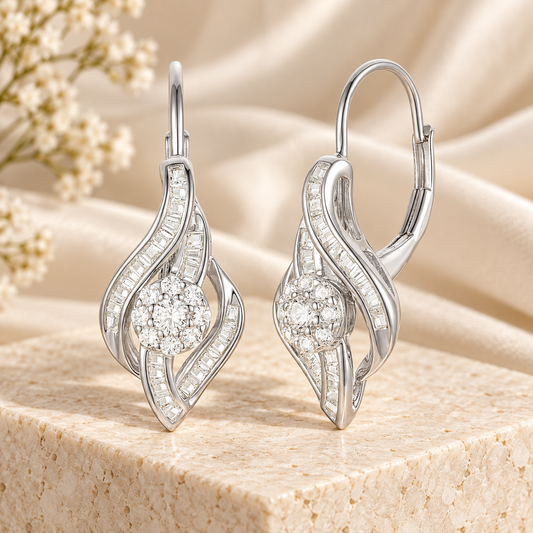 10K White Gold 1/2 ct tw Diamond Flower Drop Leverback Earring (I-I2)