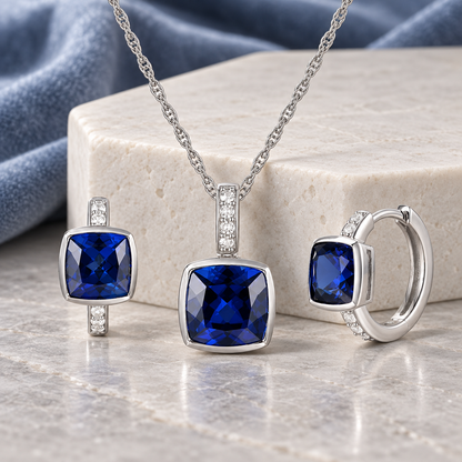 Sterling Silver Lab Created Blue, Pink, and White Sapphire Cushion Cut 2-piece Set