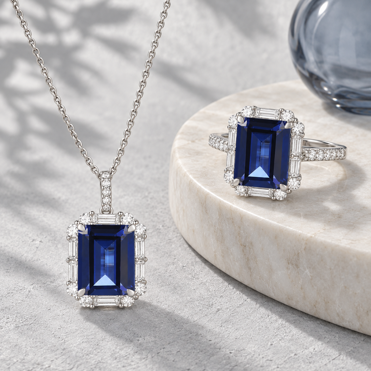 Lab Created Blue or White Sapphire in Sterling Silver or Genuine Citrine in 14K Gold Plated Silver Emerald Cut 2-piece Set