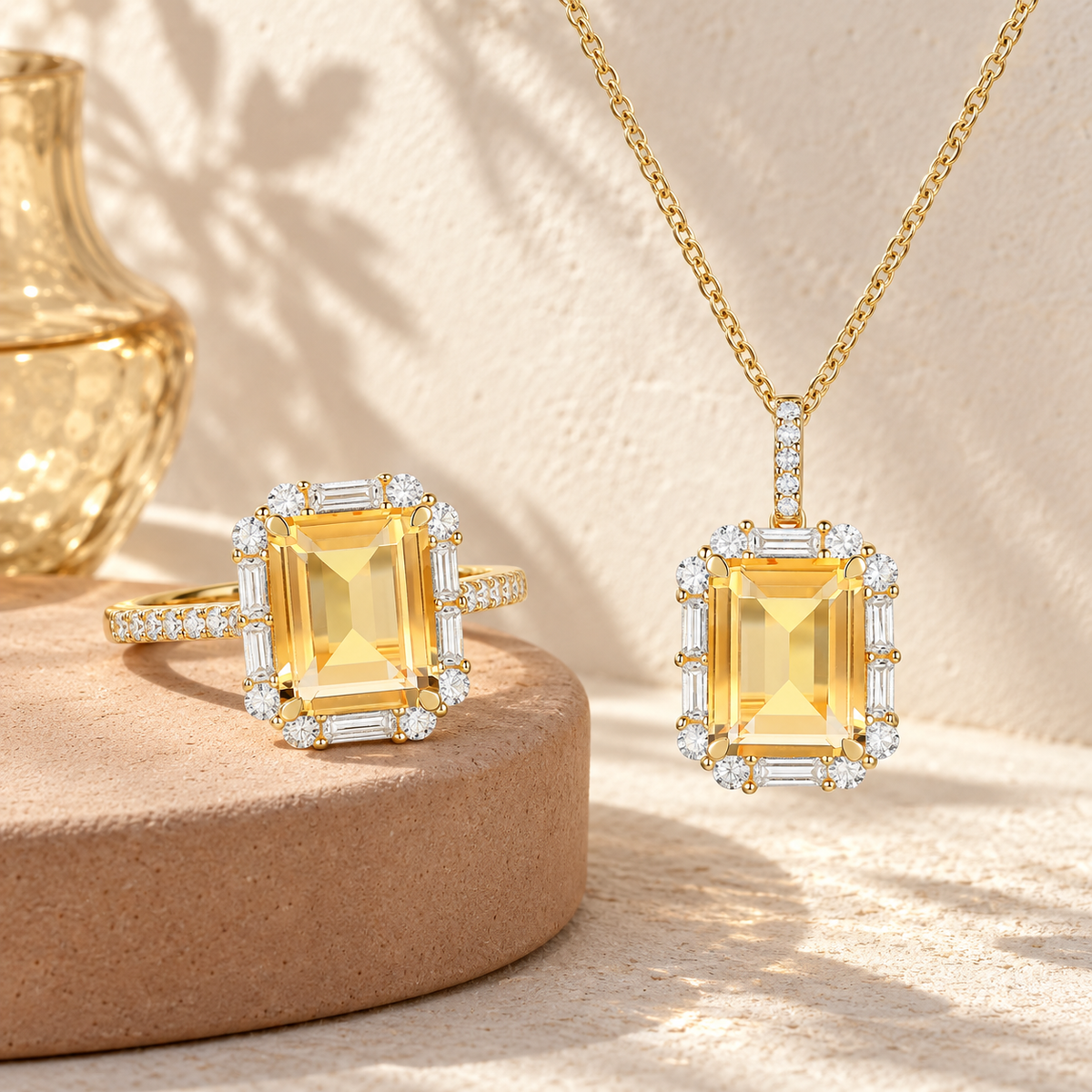 Lab Created Blue or White Sapphire in Sterling Silver or Genuine Citrine in 14K Gold Plated Silver Emerald Cut 2-piece Set