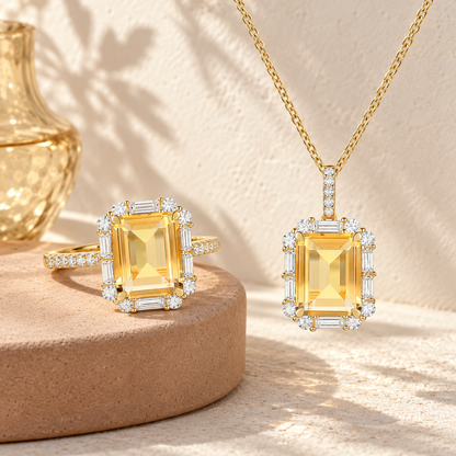 Lab Created Blue or White Sapphire in Sterling Silver or Genuine Citrine in 14K Gold Plated Silver Emerald Cut 2-piece Set