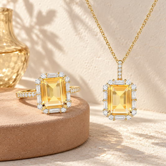 Lab Created Blue or White Sapphire in Sterling Silver or Genuine Citrine in 14K Gold Plated Silver Emerald Cut 2-piece Set